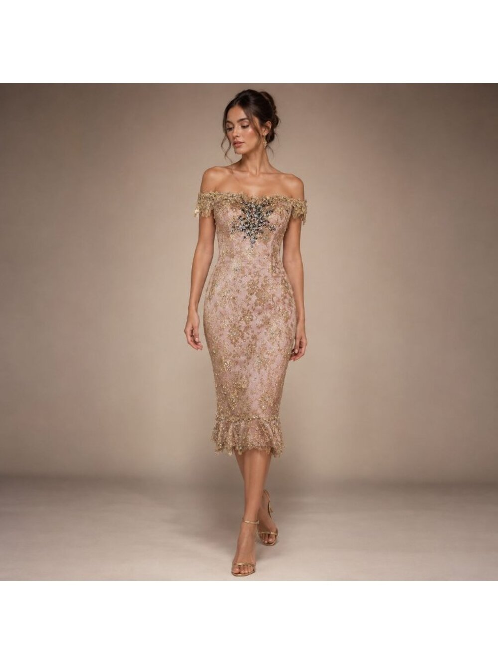 NWT $2800 VTG MANDALAY Sequin Embroidered Beaded Lace Dress Gold Pink Size 6
